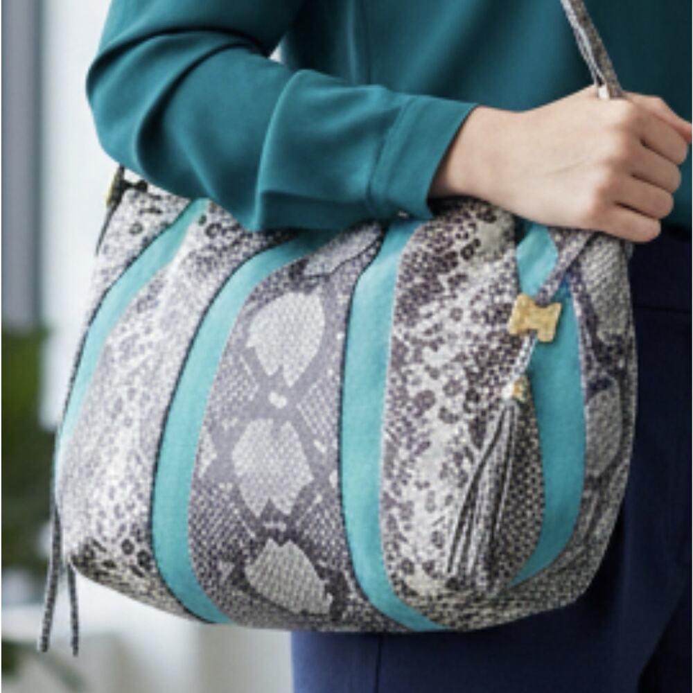 AIMEE Kestenberg Teal/Gray Genuine Leather snake Animal Print Suede Hobo Bag New
